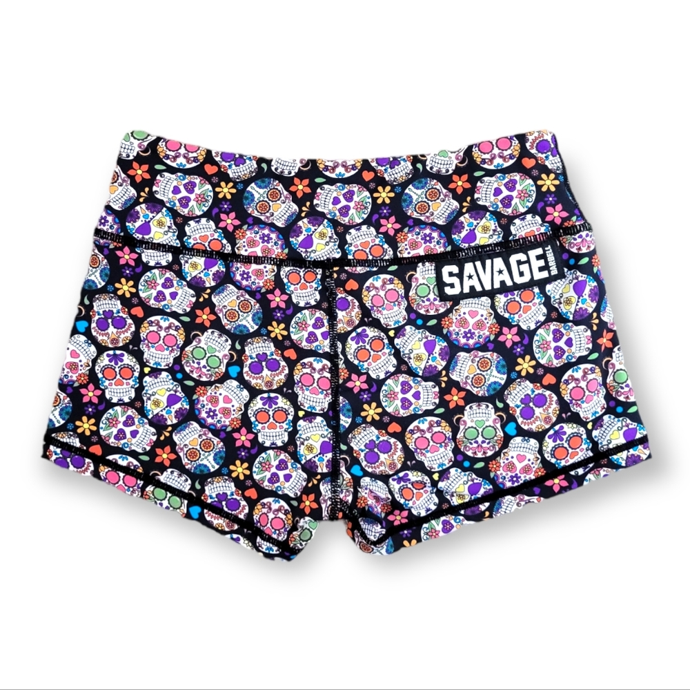 Savage Barbell Apparel Booty Shorts Sugar Skull Pattern Black Multi Small